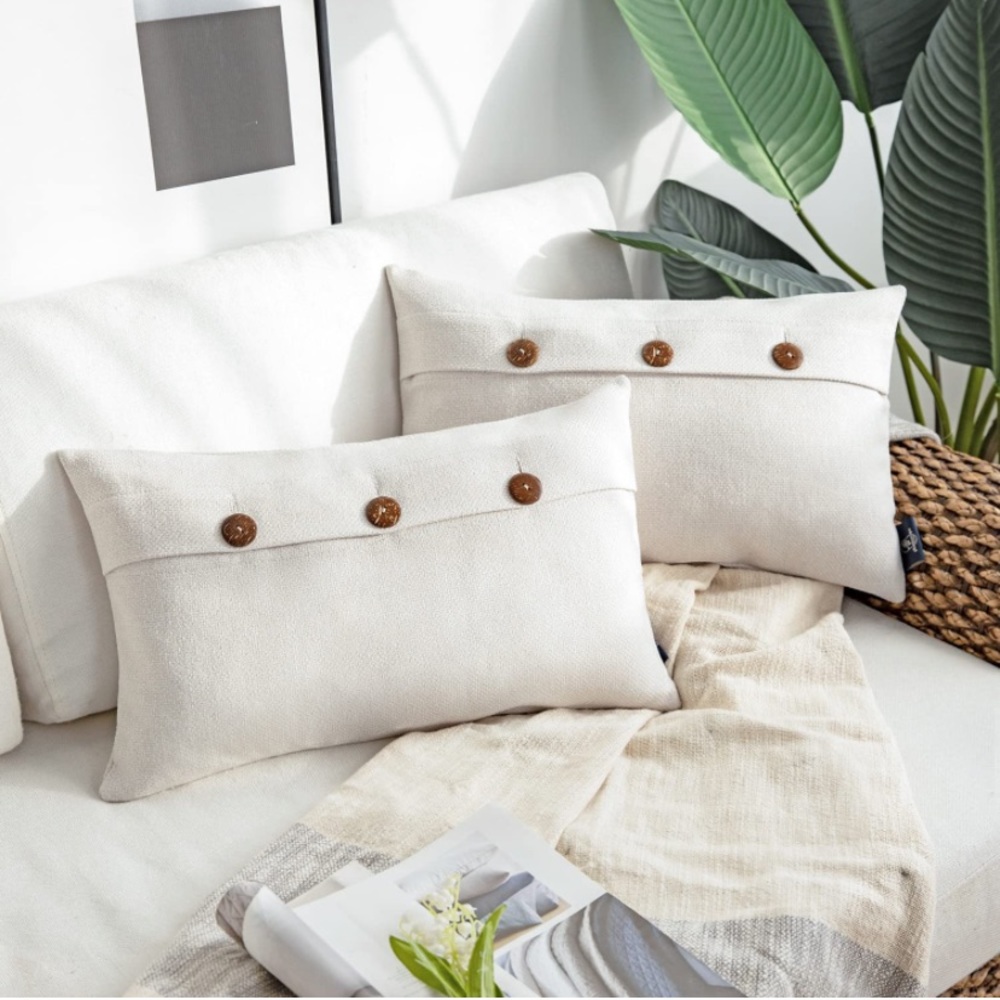 Luxury Home | Farmhouse Ivory Triple Button Linen Lumbar Throw Pillow Covers